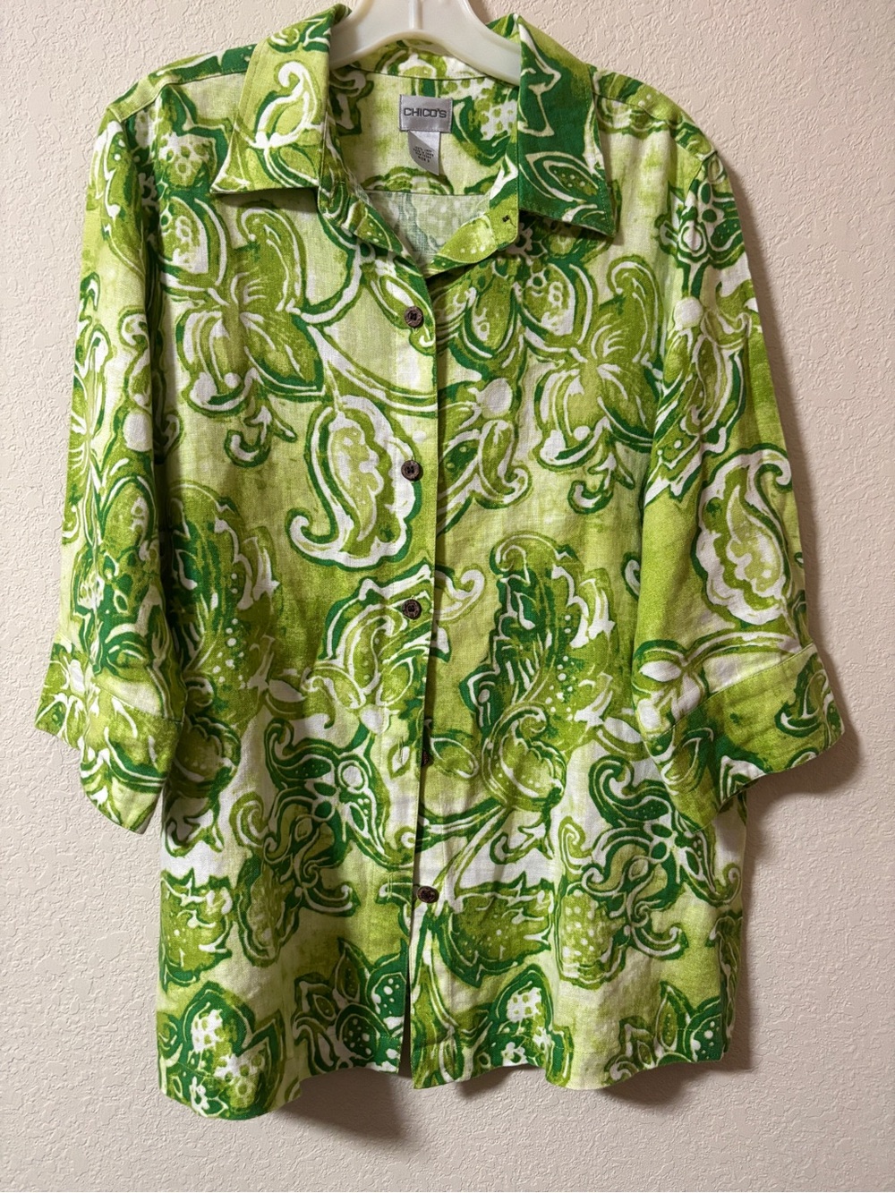 Chico's Green and White Linen Floral Shirt/Jacket